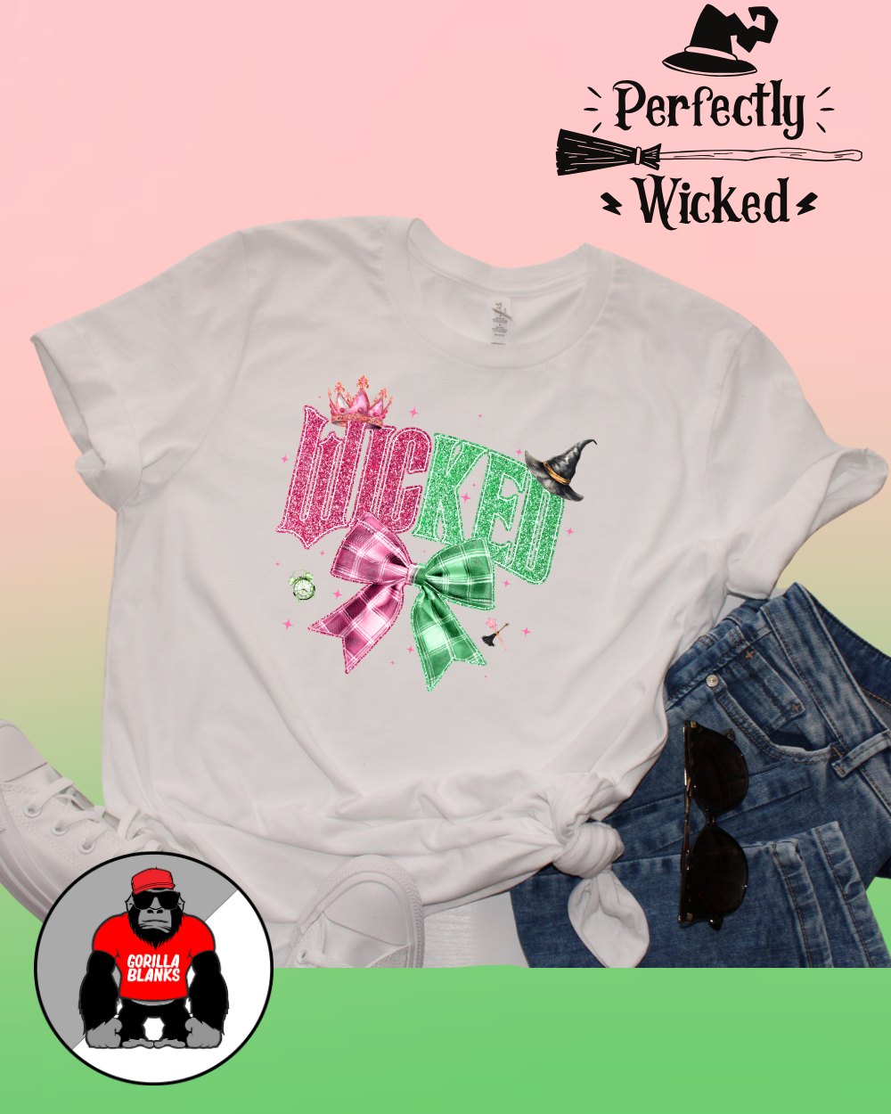 Ready to Press Transfer- Movies-Wicked -Wicked Pink and Green Coquette Bow
