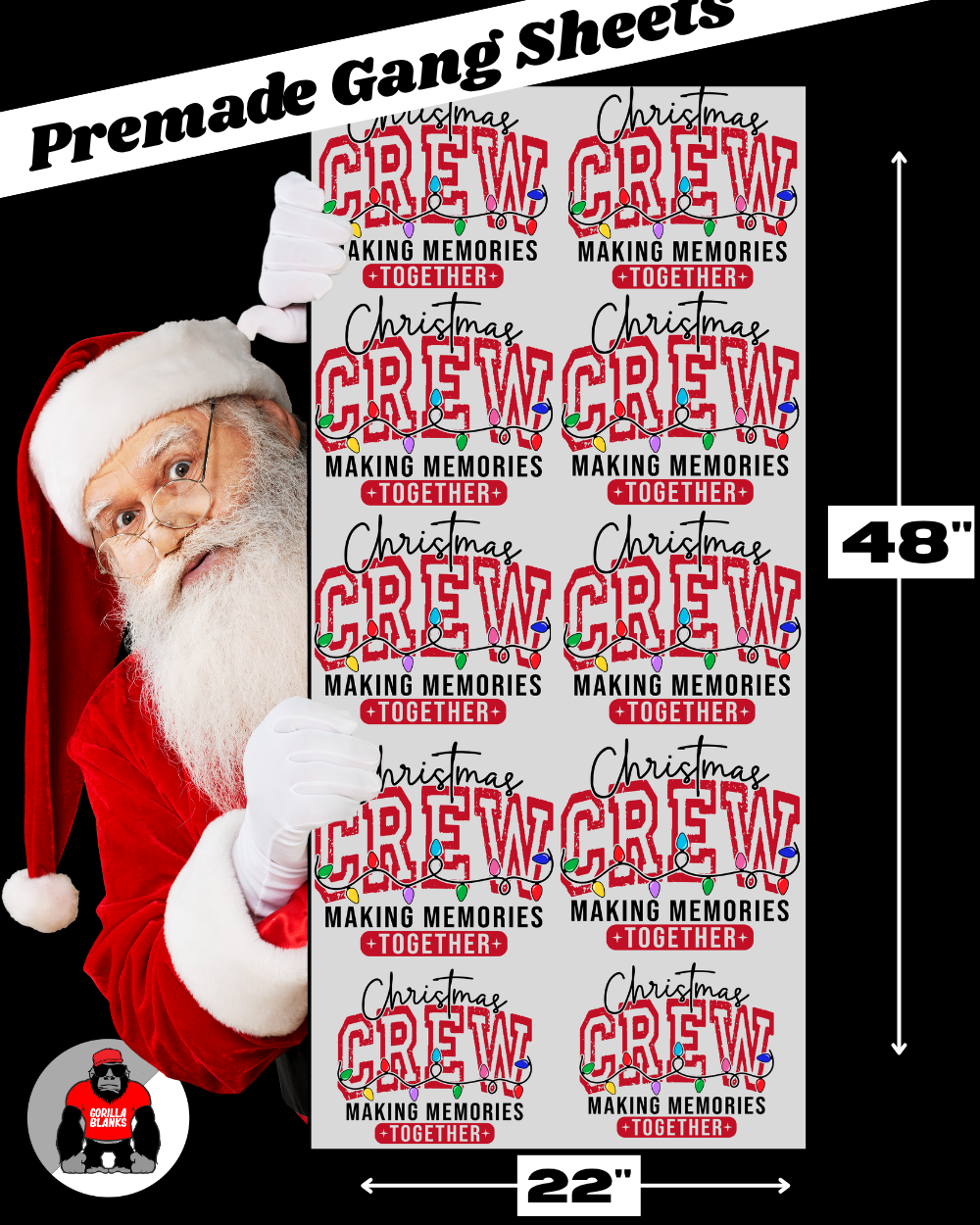 Gang Sheet of 'Christmas Crew' dtf transfer printables with Santa Claus and text, displayed against a black background.
