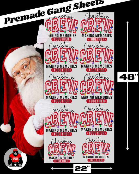 Gang Sheet of 'Christmas Crew' dtf transfer printables with Santa Claus and text, displayed against a black background.